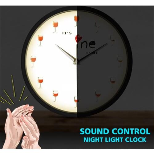 Its Wine Time Wall Clock Modern Design Red Wine Glass Metal Frame LED Lighting Wine Drinker Voice Control Silent Watch
