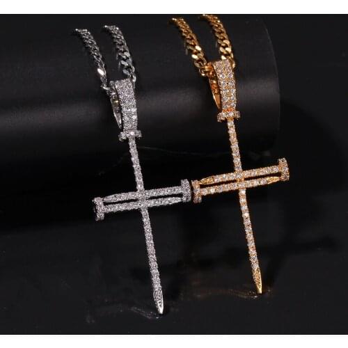 BWAVKE New Hip Hop Nail Cross Pendant&Necklace Micro Pave Cubic Zirconia Stones High Quality Gold-plated Copper Jewelry For Gift