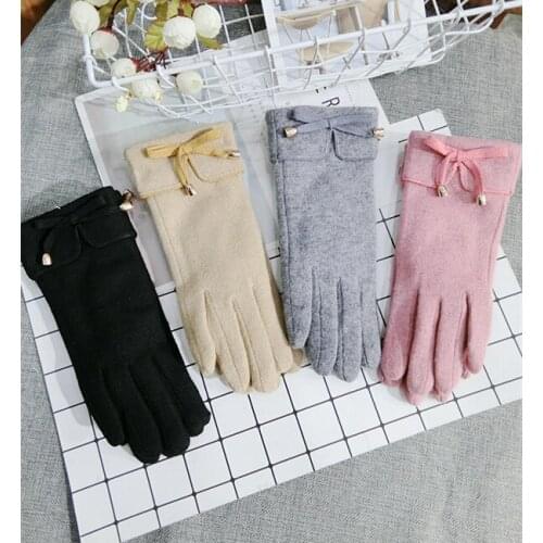 New Korean touch screen gloves wool bow warm knitted women spring winter gloves thick pink black gray khaki red lovely mittens