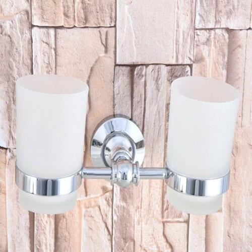 Polished Chrome Brass Double Toothbrush Holder With Scrub Glass Cup Wall Mounted Bathroom Accessories aba797
