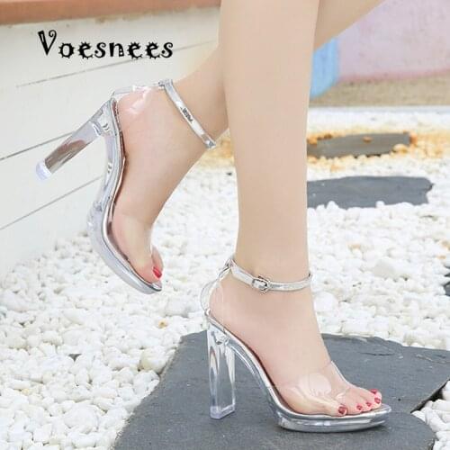 2020 New Transparent Sandals Women High Heels 11CM Thick heel Non-slip Rubber Sole Roman style lacquered Buckle Womens Sandals