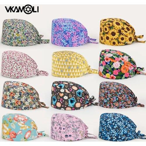 Flower printing Scrub Caps Dental Print Scrubs Hat 100% Cotton Women Men Dust Proof Vet Dentist Working Hats Tie back cap