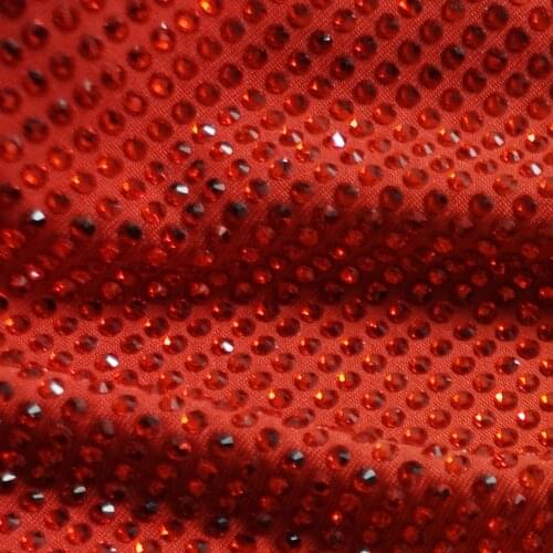 Meters Hot Fix High Quality Red Crystal Rhinestone Polyester Spandex Elastic Stretch Fabric Knitting Dance Dress Elastic