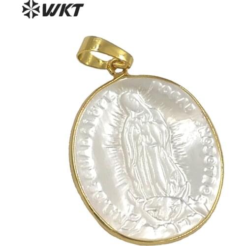 WT-P1353 In Stock ! Elegant White Shell Pendants With Virgin Mary Pattern Oval Slice Shape Metal Plated Female Jewelry