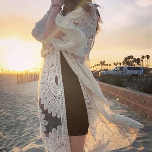 2021 Spring Summer Sun Protection Clothing Boho Beach Seaside Holiday Shawl Korean Lace-up Thin Jacquard Lace Jacket Women X38