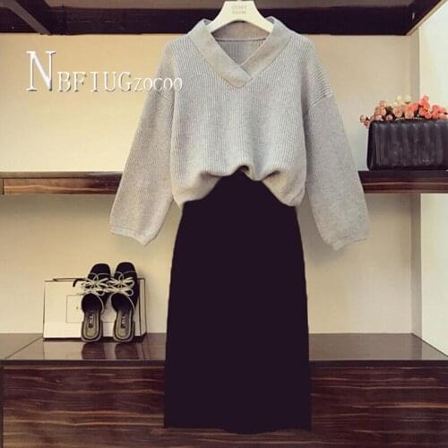 2020 Autumn Winter Plus Size Women Sets V Neck Knitting Sweater And Slim Skirt Female Sets
