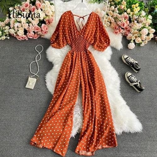 2021 spring new womens dot print deep V neck puff sleeve chiffon jumpsuit female V collar Wide leg playsuits women bodysuit