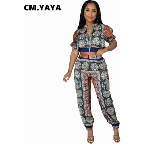 CM.YAYA Women Set Print Short Sleeve Zip Stand Collar Crop Tops Stretchy Pants Two 2 Piece Sets Fashion Outfit Summer Tracksuits
