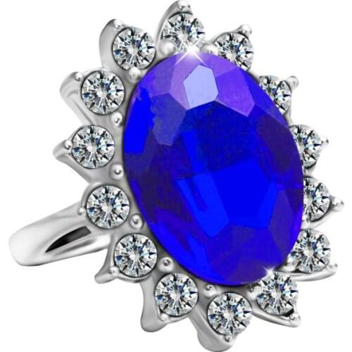 Blue Oval Sections Crystal Surrounding Flower Silver Plated Diana Rings for Women 5 Sizes