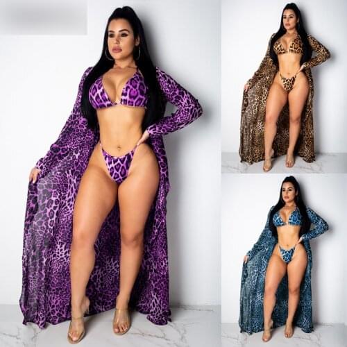 3pcs Women Bikini Sets Leopard Print Swimwear Long Sleeve Kimono Cover-Up Cardigan Beach Bathing Beachdress Swimsuit