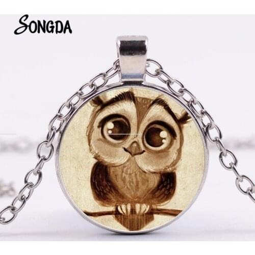 Adorkable Owl Glass Pendant Necklace Big Eyes Cute Owl Art Photo Retro Steampunk Animal Jewelry Silver Plated Long Chain