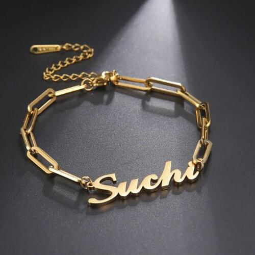 HURUI Customized Name Bracelet Stainless Steel Clip Chain Personalized Nameplate Pendant Charm Jewelry For Woman Birthday Gift