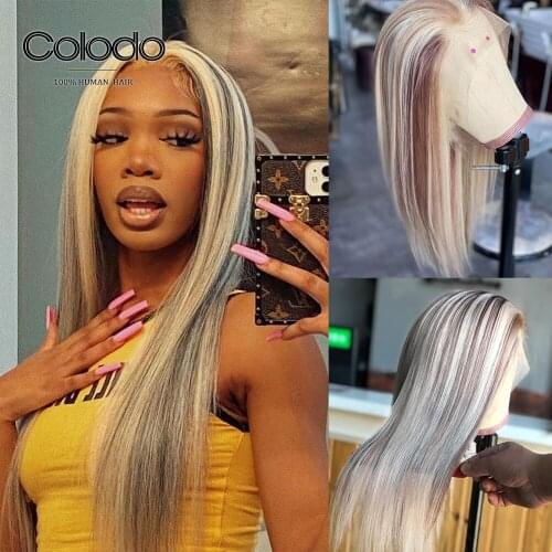 Brazilian Remy Blonde Highlight Lace Front Human Hair Wigs with Baby Hair Pre Plucked Straight Lace Front Wig for Women COLODO