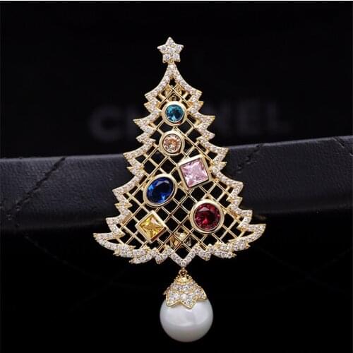 Elegant AAA Colorful Zircon Tree Brooches Pins With Pearl For Friend Coat Sweater Brooch Accessories Christmas Gift