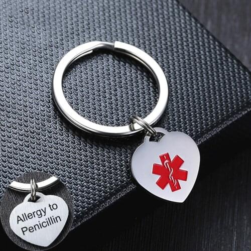 Men Woman Medical Heart ID Charm Key Chain Anti Allergy Stainless Steel Custom Personalize Emergency Reminder Info Jewelry