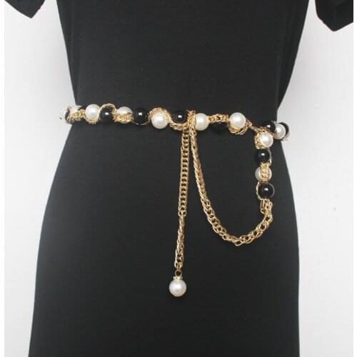 Ladies Korean edition pearl waist chain joker adornment tie-in dress sweet fashion belt metal chain sweater belt