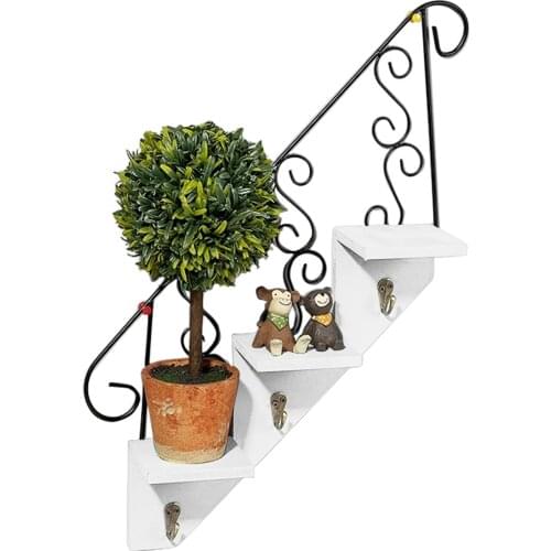 Wood Stair Shelf Home Organizer Decorative Flower Stand Wall Hanging Hooks Durable Multifunctional Storage Rack