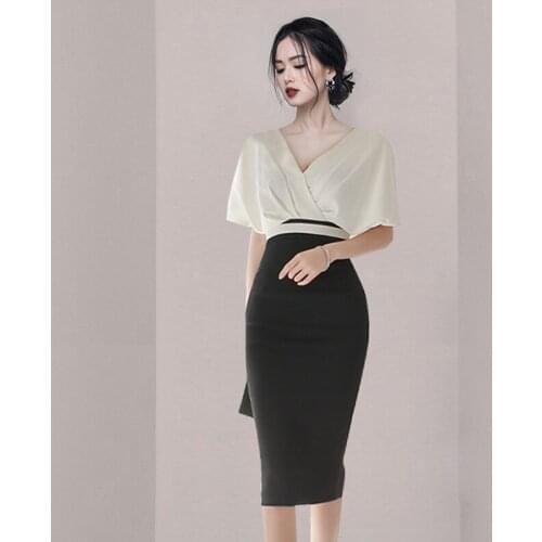 JSXDHK Office Ladies Bodycon Pencil Dress 2021 Summer Women Black White Patchwork V Neck Batwing Sleeve Work Wear Sheath Dresses