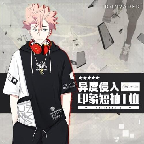 Anime ID:INVADED Narihisago Akihito Cosplay Summer T-shirt Hooded Men Women Short Sleeve Tops Student Fake Two Piece Pullover