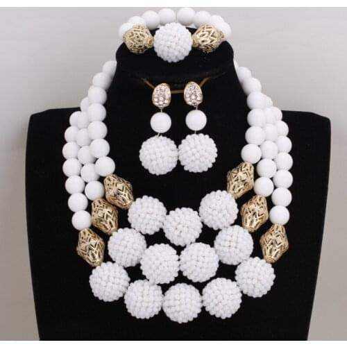 Dudo African beads Jewellery Set Big White Balls With Gold Divider Nigerian Necklace Set Bracelet Earrings Set For Party Women
