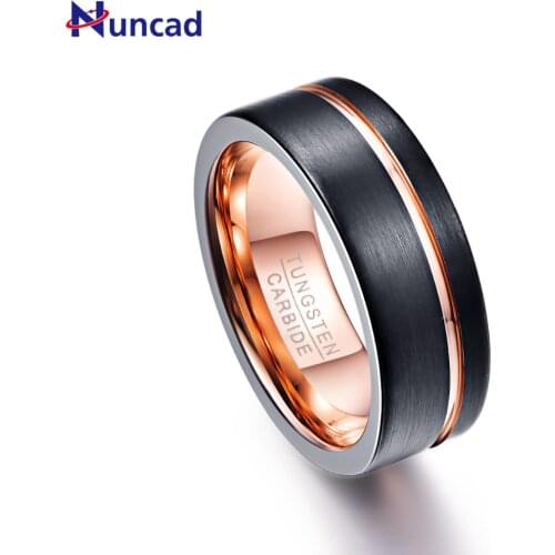 Nuncad New Mens Ring 8mm Black Matte Finish Tungsten Carbide Rings Rose Gold Color Groove Wedding Bands Tungsten Ring Size 5-14
