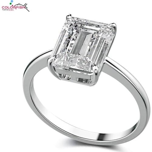 Colorfish Solid 925 Sterling Silver Emerald-shape 4 Carat Solitaire Engagement Ring Sona Simulated Diamond Silver Ring Jewelry