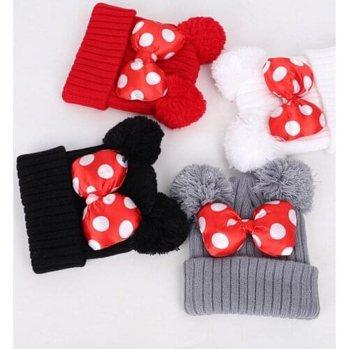 Solid Color Bowknot Double Ball Cotton Thicken Knitted Winter Warm Hat Skullies Cap Beanie Hat Kids Boy and Girl 33