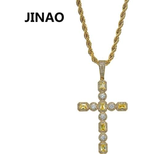 JINAO iced Out Colorful Prong Set Cross Pendant Necklace With Tennis Chain Mens Charm CZ Chains Hip Hop Jewelry