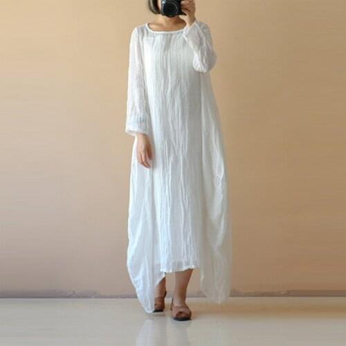 3XL Plus Size White Dress Women Maxi Dress Cotton Linen Robes Long Gowns Vintage Baggy Dress O Neck Long Sleeve Boho Shirt Dress