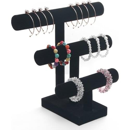 3 Tier Black Velvet Detachable Bracelet Chain Watch T-Bar Rack Jewelry Organizer Hard Display Stand Holder Jewelry Display