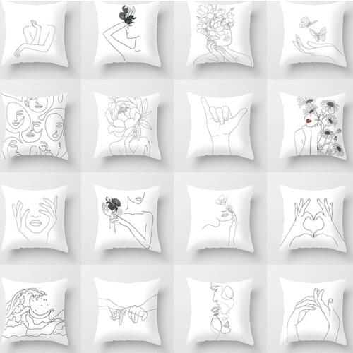 Minimalist Lines Abstract Cushion Pillow Polyester Character Flower Head Sofa Pillowcase Black and White Geometric Pillowcase