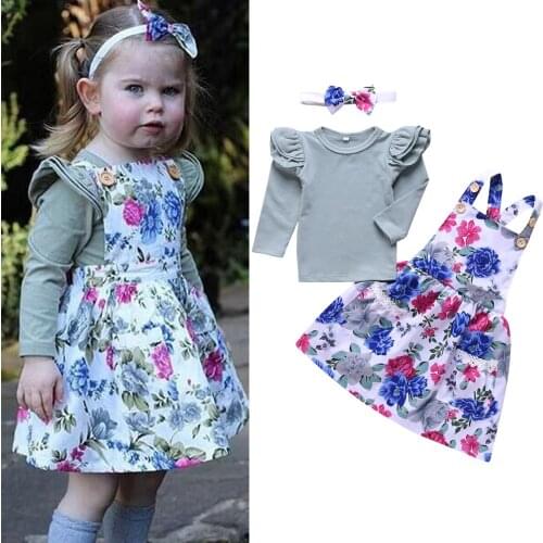 3pcs/set Baby Toddler Girl Casual Outfit Set Long Sleeve Ruffles Top + Suspender Skirt + Bowknot Headband Winter Dress For Girl