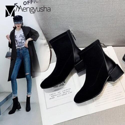 Chic Crystal zipper chelsea boots women flock&pu leather short booties female thick med-high heels winter botas woman footwear