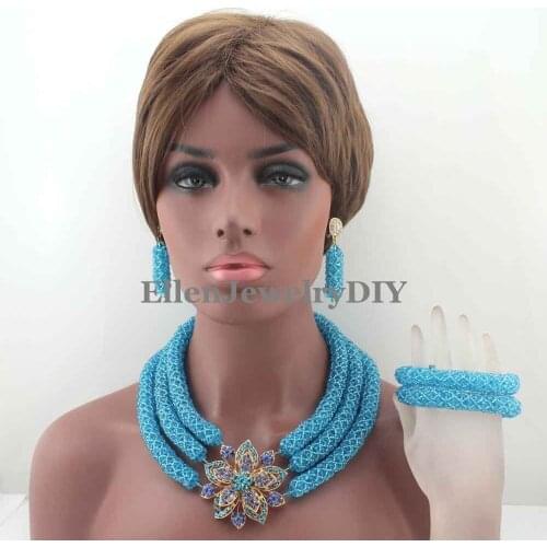 Surprising African beads Jewelry Set 3 Layers Sky Blue Crystal Nigerian wedding Beads Necklace Set Free Shipping W13394