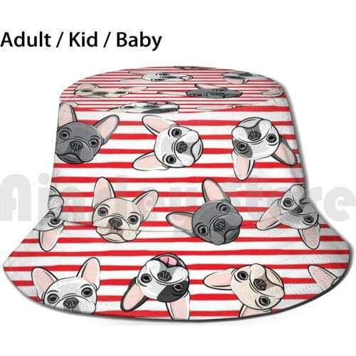 All The Frenchies - Red Stripes - Cute French Bulldogs Bucket Hat Adult kid baby Beach Sun Hats Bulldog Frenchies French