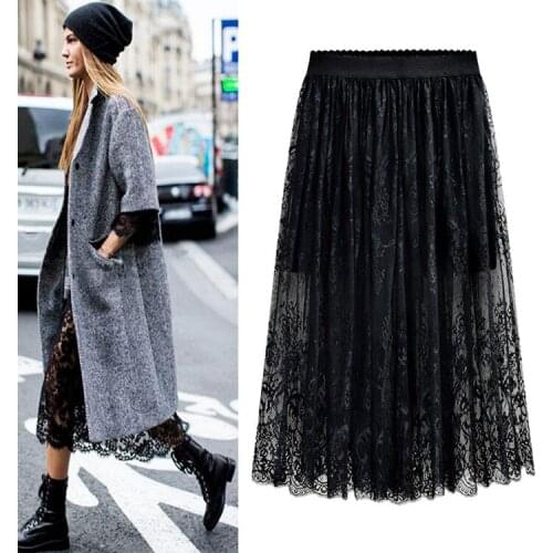 Plus Size M- 6XL Spring Summer Elegant Ladies Skirt New Fashion Lace Floral Elastic Waist Hollow Out Women Skirt White/Black