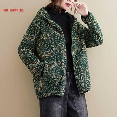 Vintage Floral Print Parkas Hooded 2020 New Winter Plus Size Women Loose Fashion Zipper Velvet Quilted Jacket Cotton Short Coats