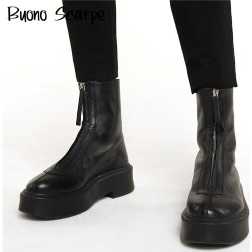 Genuine Leather Platform Combat Boots Luxury Brand Designer Chunky Booties Front Zipper Lady Chunky Shoes Women Punk Ankle Boots