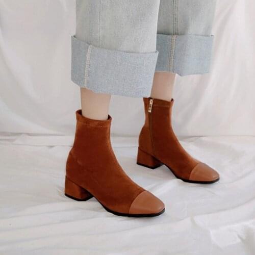 Good Quality Elastic Faux Suede Stretch Boots for Women Autumn Fall Winter Zipper Block Heels Nude Ankle Boots Woman 32-43 Shoes