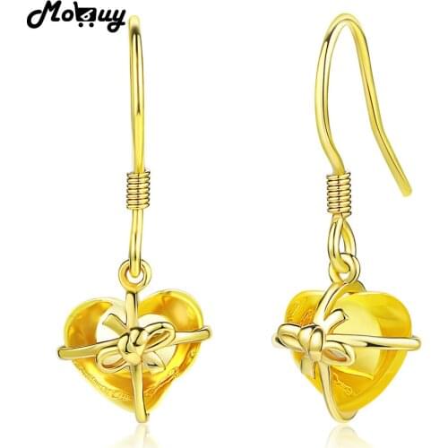 MoBuy MBEI013 Love Heart Gemstone Citrine Drop/Dangle Earrings 925 Sterling Silver 14K Yellow Gold Plated Fine Jewelry For Women