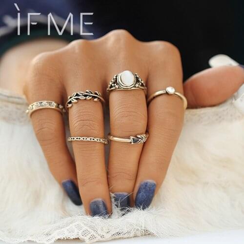 IF ME Retro Gold Color Arrow Opal Crystal Rings Set For Women Leaf Love Hollow Knuckle Ring Bijoux Femme Anillos Jewelry