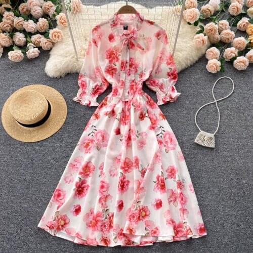 SINGREINY Women Chiffon Print Dress Elegant French Puff Sleeve Bow Neck A-line Dress Autumn Bohemian Casual Vacation Midi Dress