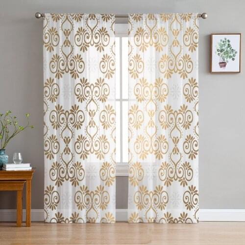 Gold Moroccan Pattern Damask Curtain For Living Room Transparent Tulle Curtains Window Sheer For The Bedroom Accessories Decor