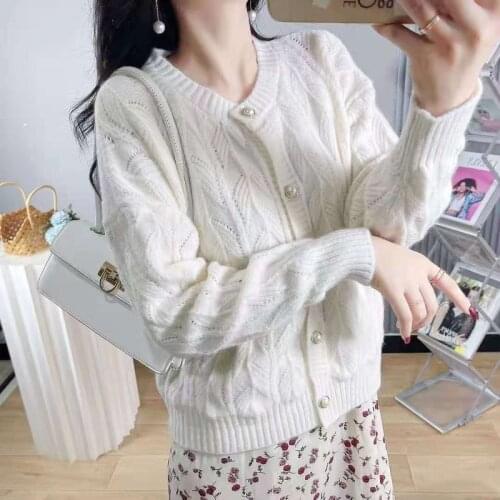 2021 new autumn and winter temperament knitted cardigan temperament loose long-sleeved round neck solid color sweater jacket