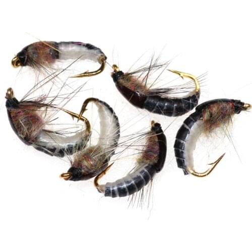 6PCS #12 Fishing Fly Bait Woolly Worm Brown Caddis Nymph Fly Deer Hair Beetle Trout Fly Fishing Lure Fishing Tools