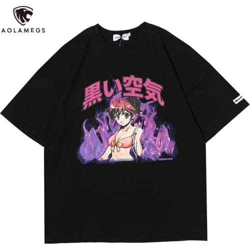 Aolamegs Men T Shirt Cartoon Girl Comics Kanji Printing Harajuku Japanese Style Oversize Couple Casual Hipster Streetwear Summer