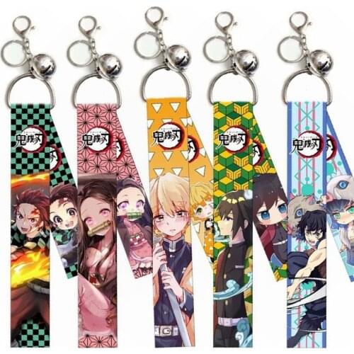 Anime Demon Slayer Keychain Lanyard Strap Key Ring Keychain Cartoon Figure Kimetsu No Yaiba Ribbon Bags Car Key Chain Trinket