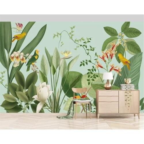Custom Size Murals 3D Southeast Asia Tropical Rainforest Banana Leaf Birds and flowers Background Wall Self Adhesive Wallpapers
