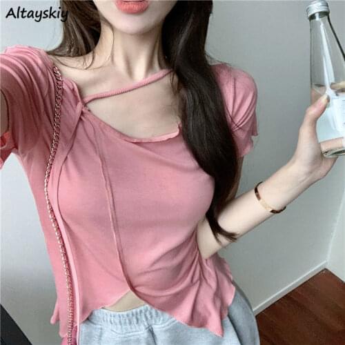 T-shirts Women Summer New Fashion Slim Solid Simple O-neck Elegant All-match Female Clothing Soft Casual Thin Cute Korean Style