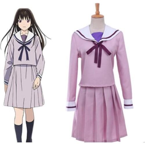 Hot Anime Noragami Cos Iki Hiyori School Uniform Full Set Sailor Dress shoes+wig Halloween Party Custom Made Cosplay Costume